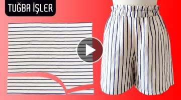 Very Easy Paperbag Belted Short Cutting and Sewing | Tuğba İşler